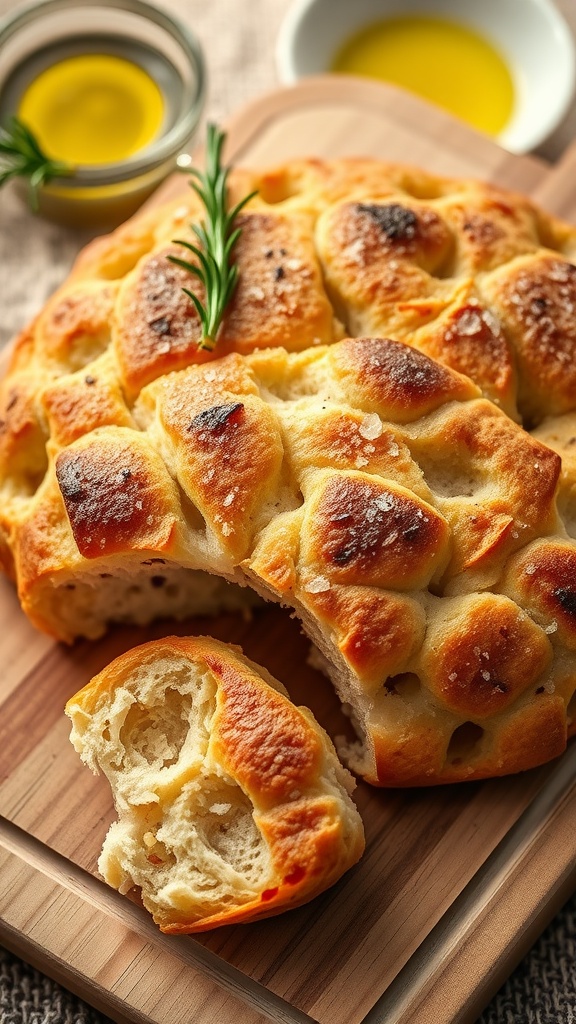 Homemade focaccia bread with rosemary and sea salt on a rustic wooden board, ready to be served.